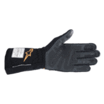 Black racing glove with protective padding and branding, designed for motorsport safety and performance.