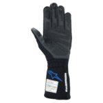 Black racing glove with protective padding and blue logo, designed for motorsport safety and performance.
