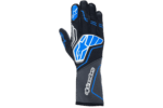 Alpinestars racing glove designed for motorsport, featuring black, blue, and white colours with protective padding and grip enhancements.