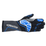 Black and blue Alpinestars racing glove with protective padding and branding for motorsport safety.