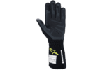 Close-up of a black racing glove with yellow logo, designed for motorsport safety and grip, from Grand Prix Racewear.