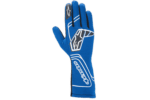 Blue racing glove from Grand Prix Racewear with white and black accents, designed for motorsport safety and performance.