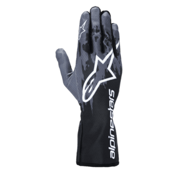 Alpinestars racing glove with black, grey, and white design, featuring the Alpinestars logo and branding for motorsport safety.