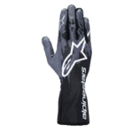 Alpinestars racing glove with black, grey, and white design, featuring the Alpinestars logo and text for motorsport safety gear.