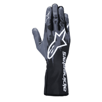 Alpinestars racing glove with black, grey, and white design, featuring the Alpinestars logo and text for motorsport safety gear.