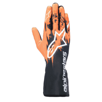 Alpinestars racing glove with orange, black, and white design, featuring the Alpinestars logo for Grand Prix racewear.