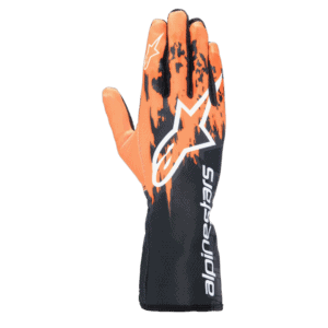 Alpinestars racing glove with orange, black, and white design, featuring the Alpinestars logo and branding for Grand Prix Racewear.