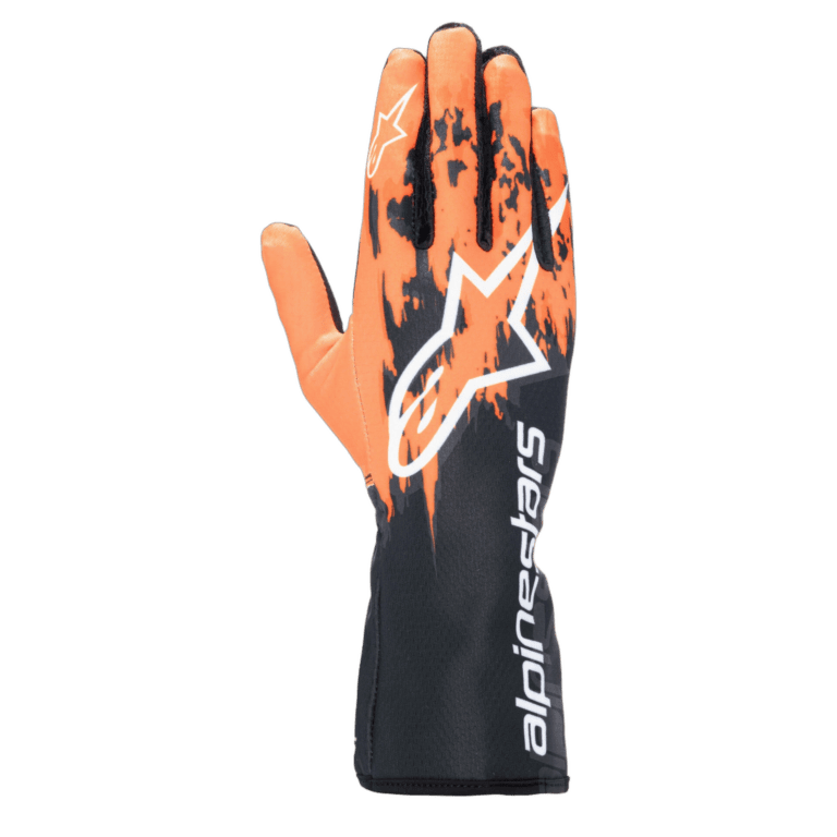 Alpinestars racing glove with orange, black, and white design, featuring the Alpinestars logo and branding for Grand Prix Racewear.