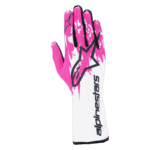 Pink and white Alpinestars racing glove with black accents, designed for motorsport safety and performance.