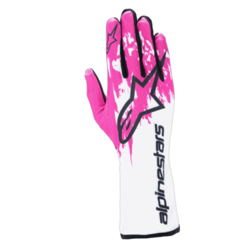 Pink and white Alpinestars racing glove with black accents, designed for motorsport safety and performance.