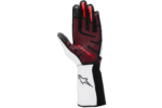 High-performance racing glove from Grand Prix Racewear in black, red, and white with grip-enhanced palm and flexible design for motorsport drivers.