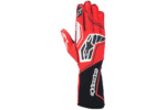 Red and black racing glove from Grand Prix Racewear with protective padding and branding for motorsport enthusiasts.