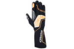 Close-up of a GPRD racing glove with black, orange, and white design, showcasing high-quality racing gear for motorsport enthusiasts.