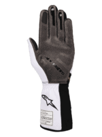 Black and white racing glove from Grand Prix Racewear with protective padding and grip details for motorsport safety.