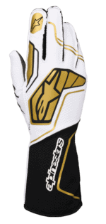 High-quality Alpinestars racing glove with white, black, and gold design, featuring protective padding and grip for motorsport enthusiasts.