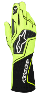 High-visibility neon yellow racing glove with black and white accents, designed for motorsport safety and performance.