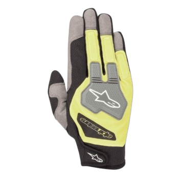 High-performance racing glove from Grand Prix Racewear with grey, yellow, and black design, featuring protective padding and grip-enhancing materials.