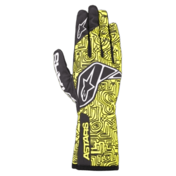 Yellow and black racing glove with intricate maze-like patterns and Alpinestars logo for Grand Prix Racewear.