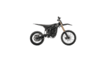 Electric dirt bike with black frame and suspension, designed for off-road racing and motocross enthusiasts.