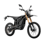 Electric off-road motorcycle with black frame and gold front forks, suitable for motocross and trail riding.