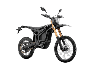 Electric off-road motorcycle with black frame and gold front forks, suitable for motocross and trail riding.