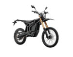 Electric off-road motorcycle with black frame and gold front forks, suitable for motocross and trail riding.