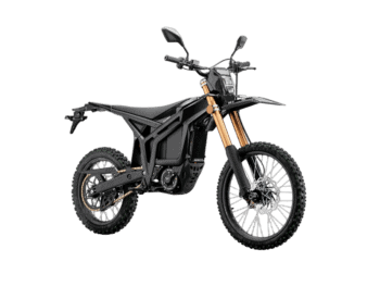 Electric off-road motorcycle with black frame and gold front forks, suitable for motocross and trail riding.