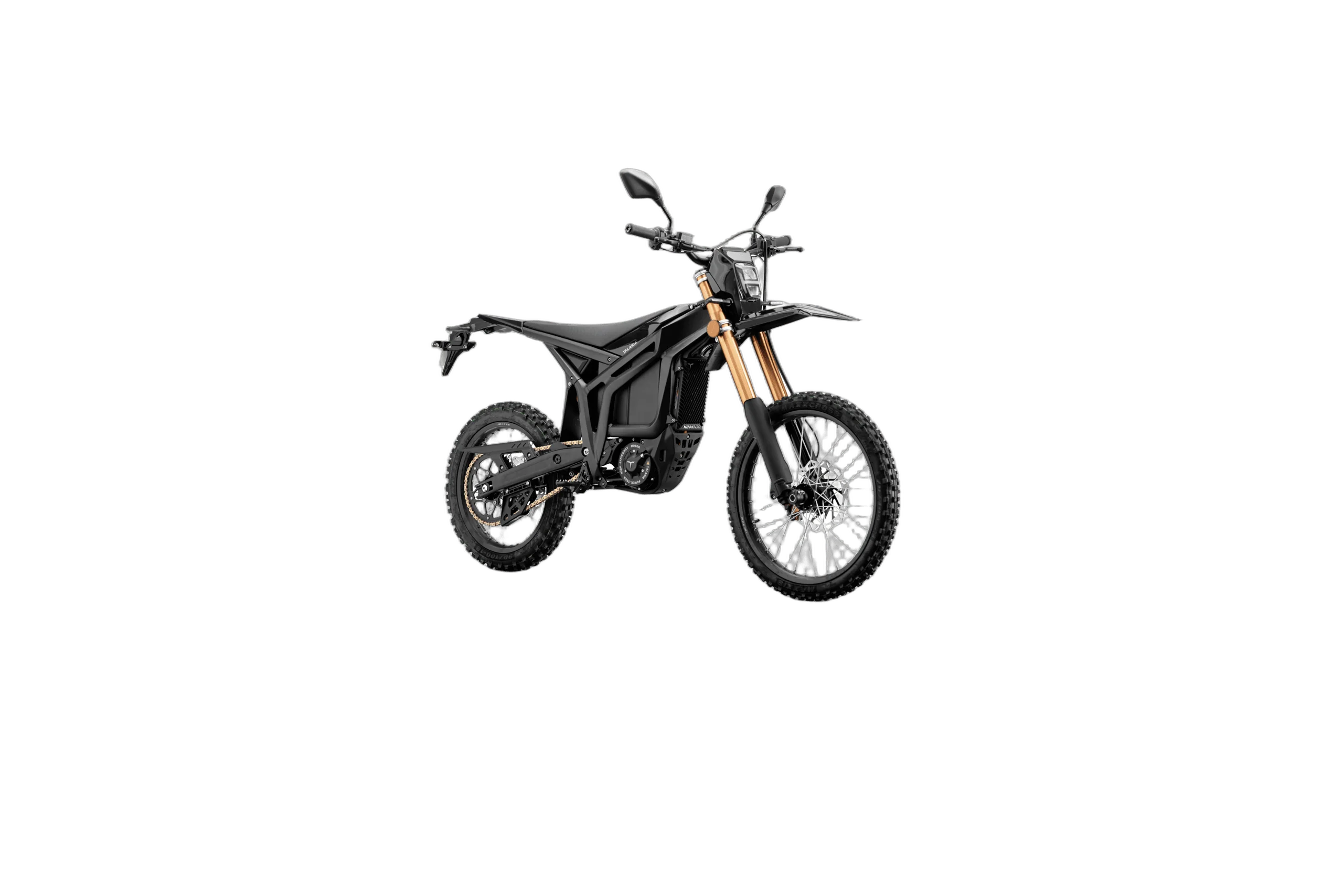 Electric mountain bike with black frame and gold suspension forks, suitable for off-road cycling and outdoor adventures.