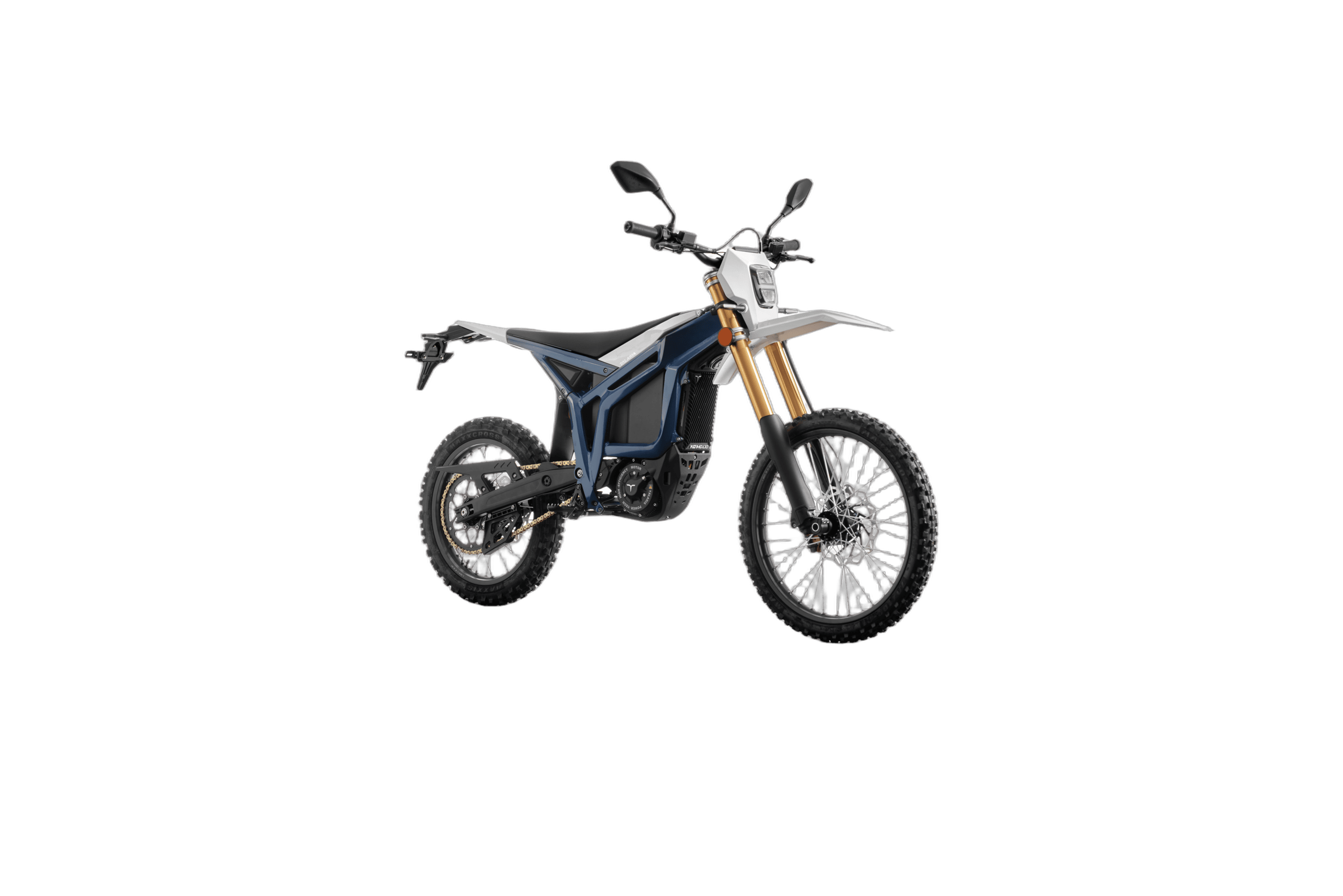 Electric dirt bike with off-road tyres and suspension, ideal for motocross and trail riding, showcasing Grand Prix Racewear gear.