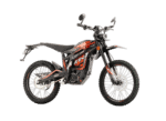 Electric off-road motorcycle with black and orange design, suitable for trail riding and off-road adventures.