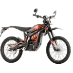 Electric off-road motorcycle with black and orange design, suitable for trail riding and off-road adventures.
