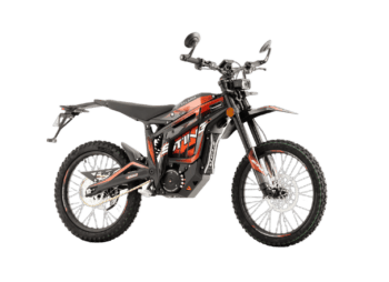 Electric off-road motorcycle with black and orange design, suitable for trail riding and off-road adventures.