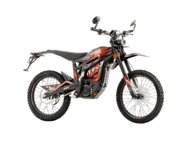 Electric off-road motorcycle with black and orange design, suitable for trail riding and off-road adventures.