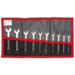 Set of Facom metric short-reach combination wrench sets 39.JE10T in a red and black roll-up pouch for automotive and mechanical work.