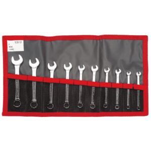 Set of Facom metric short-reach combination wrench sets 39.JE10T in a red and black roll-up pouch for automotive and mechanical work.