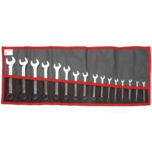 Set of Facom metric short-reach combination wrenches in a roll-up pouch, ideal for automotive and mechanical work.