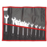 Set of Facom metric short-reach combination wrench sets in a portable roll-up pouch for automotive and mechanical use.