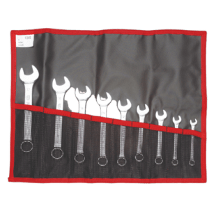 Set of Facom metric short-reach combination wrench sets in a portable roll-up pouch for automotive and mechanical use.
