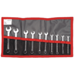 Set of Facom 39.JU10T inch short-reach combination wrenches in a red and grey tool roll for professional automotive and mechanical work.