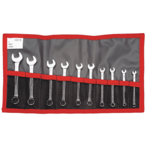 Set of Facom 39.JU10T inch short-reach combination wrenches in a red and grey tool roll for professional automotive and mechanical work.