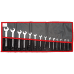 Set of Facom 39.JU14T inch short-reach combination wrenches in a roll-up pouch for automotive and mechanical work.