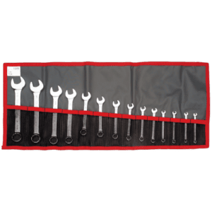 Set of Facom 39.JU14T inch short-reach combination wrenches in a roll-up pouch for automotive and mechanical work.