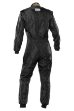 Black Grand Prix Racewear racing suit with OMP branding, designed for motorsport safety and performance.