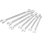 Set of Facom 40.LA metric standard and long-reach combination wrenches on black background.