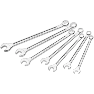 Set of Facom 40.LA metric standard and long-reach combination wrenches on black background.