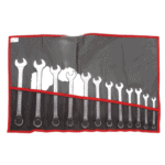 Set of metric offset combination wrenches displayed in a roll-up tool pouch for professional automotive repair.