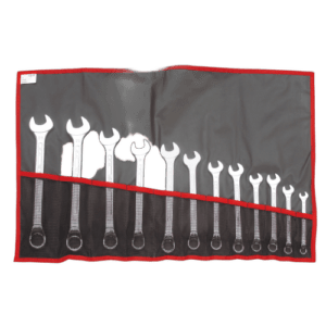Set of metric offset combination wrenches displayed in a roll-up tool pouch for professional automotive repair.