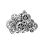 Collection of metallic gears and sprockets for mechanical or industrial use, arranged in a pile.