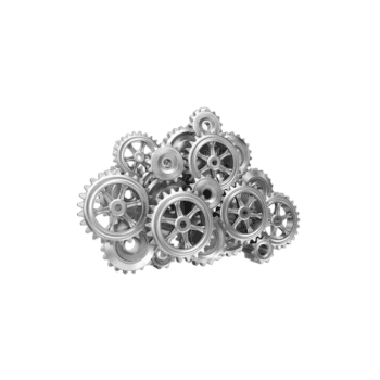 Collection of metallic gears and cogs for mechanical or industrial use, arranged in a cluster.