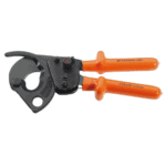 Facom VSE series 1,000 Volt insulated ratchet cable cutter with orange handles and black cutting head for electrical work safety.